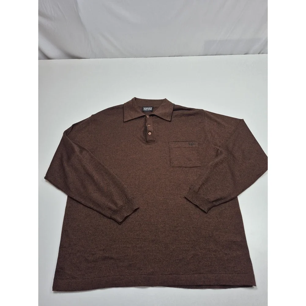 Versace Jeans Couture Wool Sweater Mens XL Brown Collared Knit Pullover VJC Logo